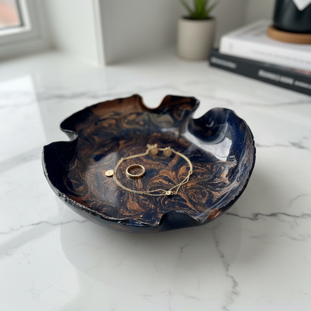 An organic-shaped resin bowl with a dark navy blue and bronze metallic swirl pattern, resting on a white faux fur surface.