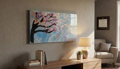 Living room with a large abstract painting on the wall, a lamp, books, and a plant on a wooden console table.