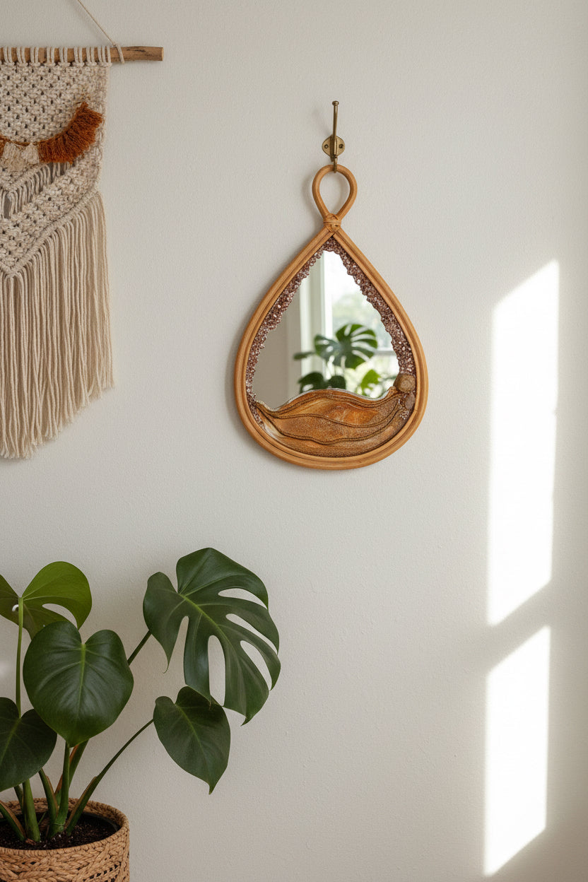 A teardrop-shaped decorative wall mirror with a warm tan frame, featuring a textured metallic bronze wave design along the bottom and a sparkling crushed glass around the reflective center.