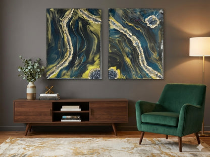 Living room with two abstract paintings, a wooden console table, and a green armchair.