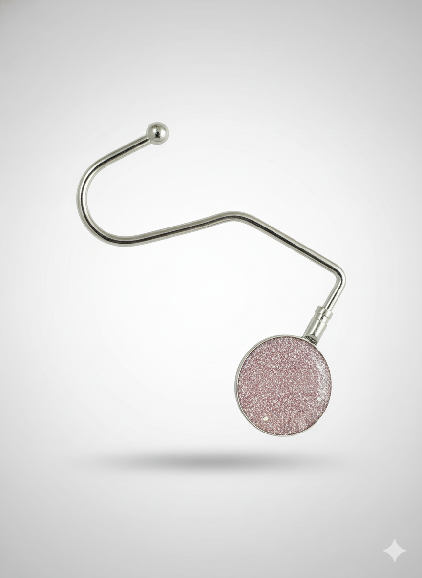 Metallic hook with a pink glittery ball on a white background