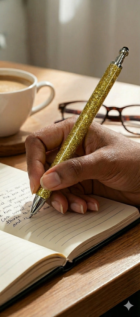 Hand holding a glittery pen over an open notebook with a cup of coffee and glasses in the background.