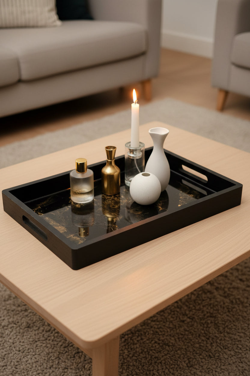 A rectangular black serving tray with cutout handles, featuring a glossy black and gold marbled pattern on the bottom surface, set against a white faux fur background.