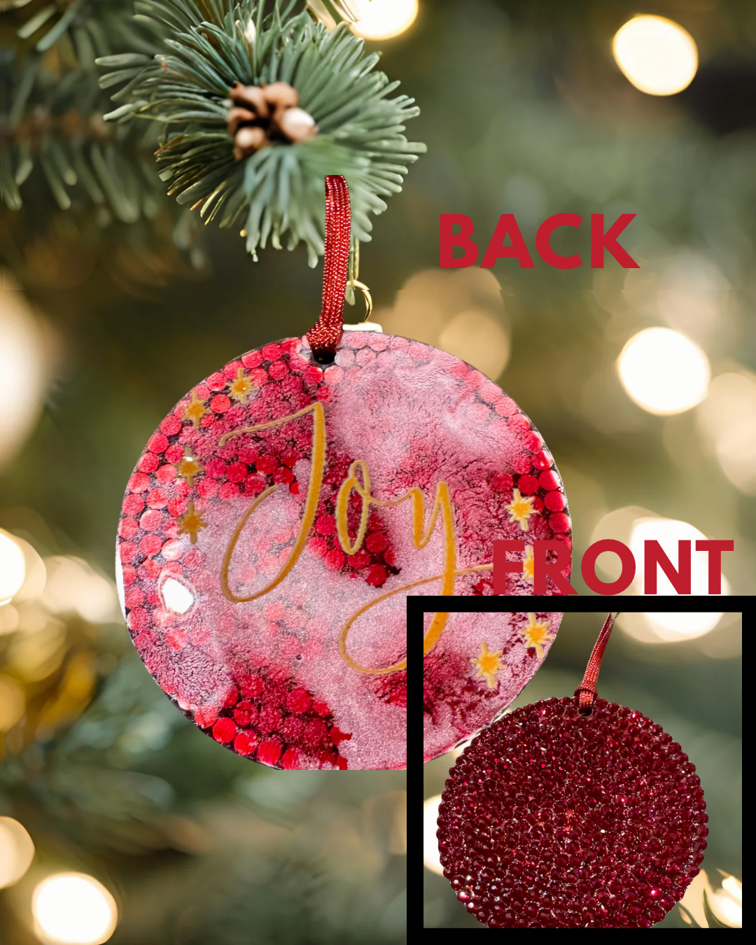 Decorative Christmas ornament with 'Joy' text on a tree, with 'Front' and 'Back' labels.