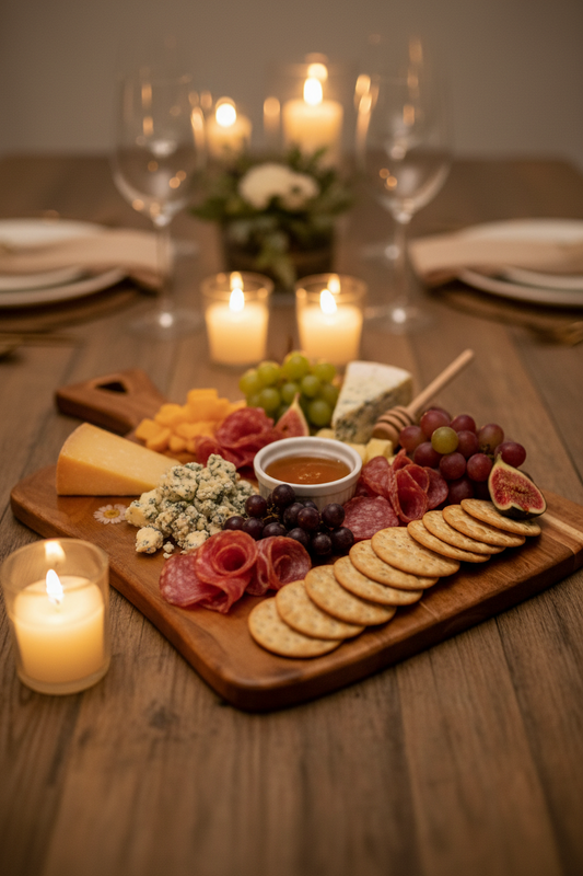 A rustic wooden serving board with a handle, featuring natural wood grain and small pressed flowers inlaid near the top, displayed on a table.