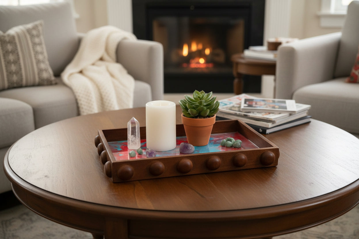 Keep It Funky Tray With pink, blue and white middle and circular poke outs on each side of the tray 