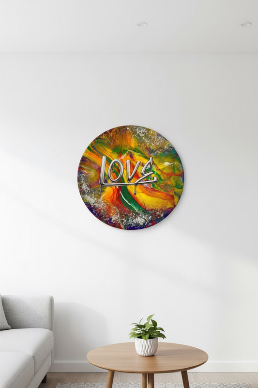 A round resin dirty pour featuring a colorful fluid art design with the word 'LOVE' spelled out in 3D metallic letters on top, displayed on a living room wall. 