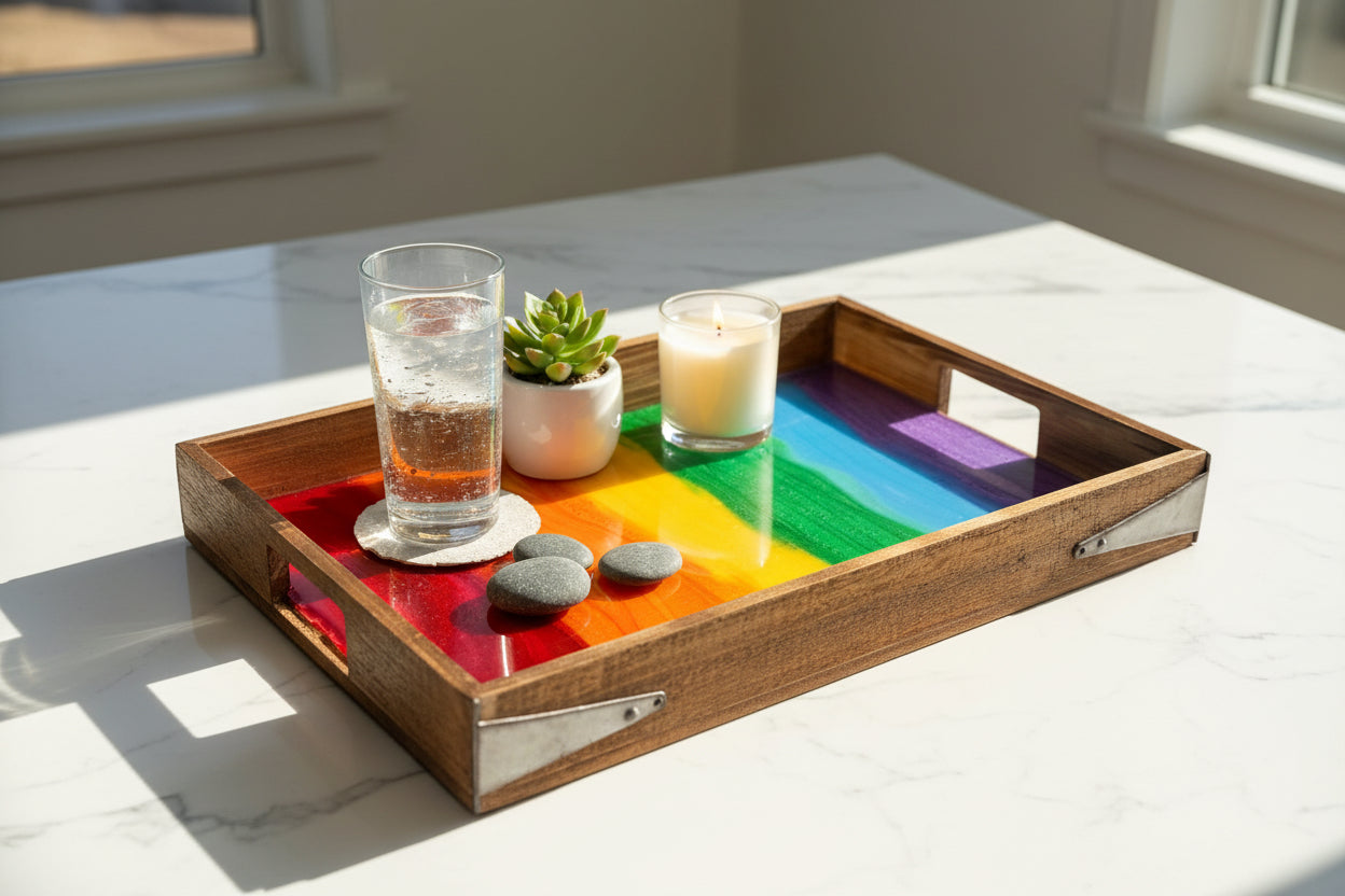 A rectangular wooden serving tray with integrated side handles, featuring a glossy resin top painted with vertical rainbow stripes in purple, blue, green, yellow, orange, and red, set on a white faux fur surface.