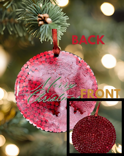 Decorative Christmas ornament with 'Merry Christmas' text, shown from front and back views on a blurred tree background.