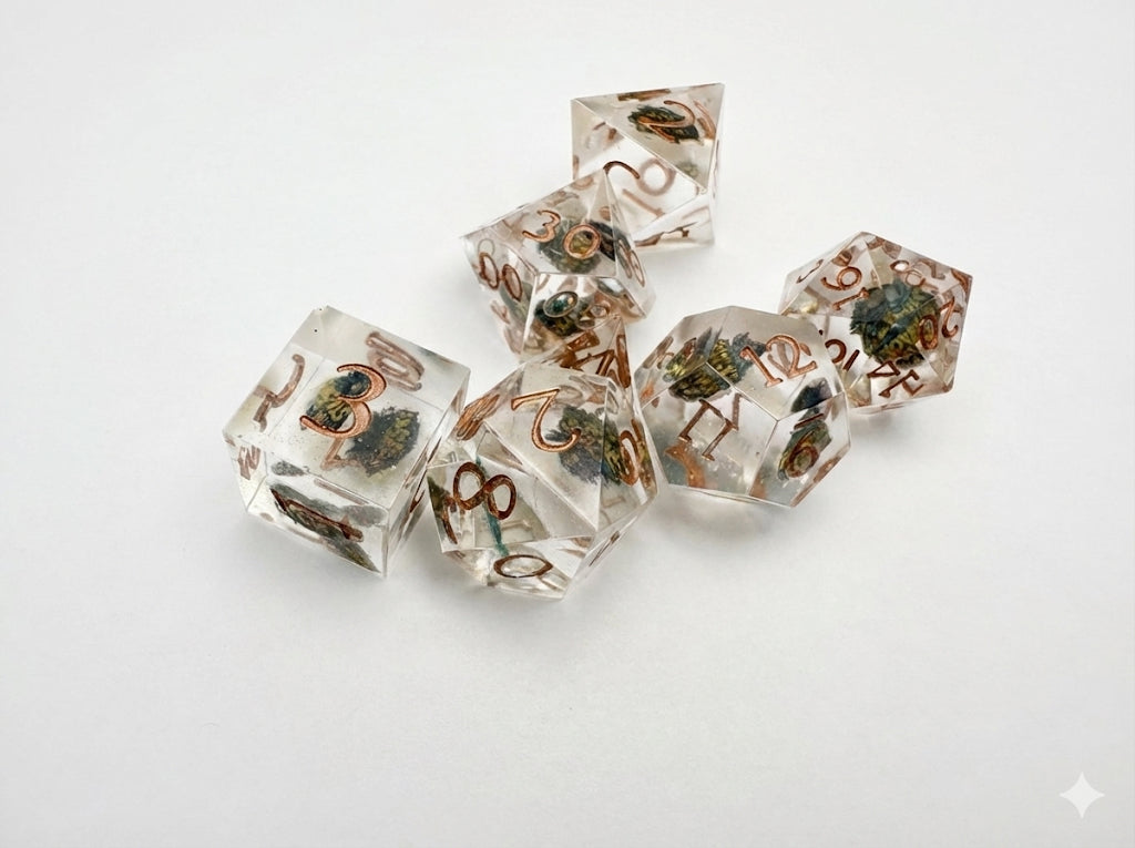 Set of clear dice with embedded “On Da Stack” designs on a white background