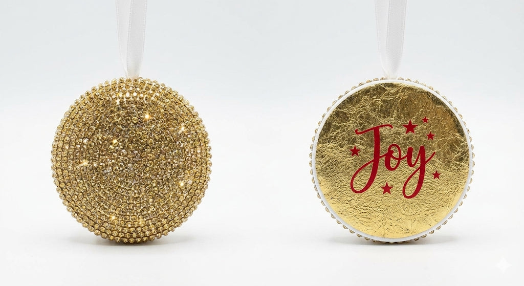 Two gold Christmas ornaments, one glittery and the other with 'Joy' text, on a white background.