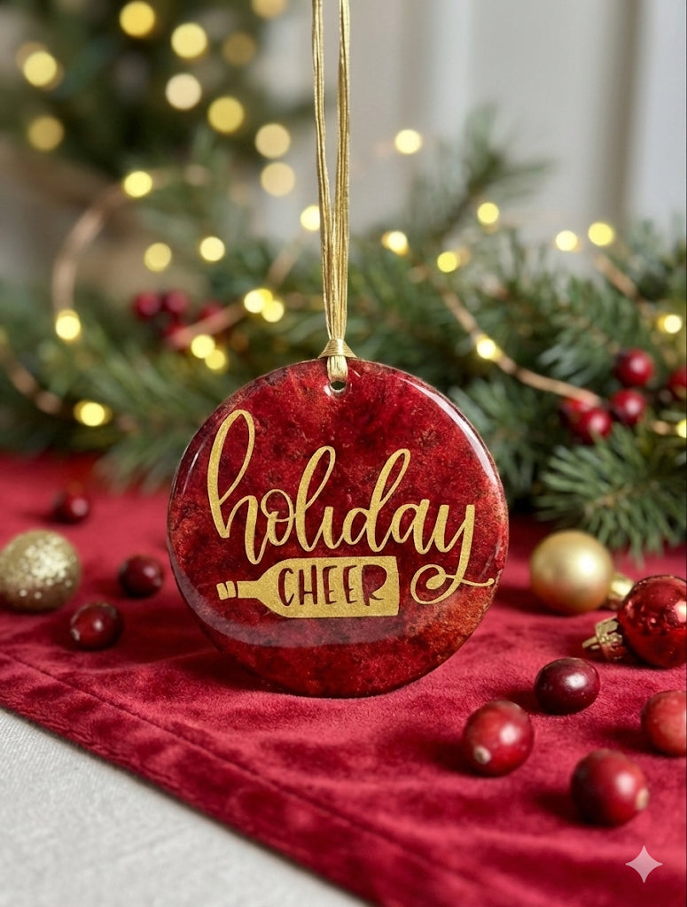 Red ornament with 'holiday Cheer' text on a red surface with Christmas decorations.