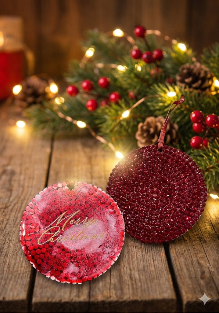 Two red Christmas ornaments on a wooden surface with a festive background.