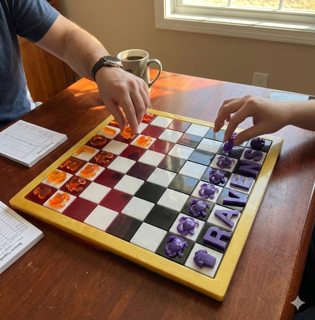 Two people playing a board game with colorful pieces on a wooden table.