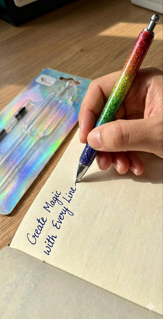 Hand holding a rainbow-colored pen writing on paper with a colorful packaging in the background.