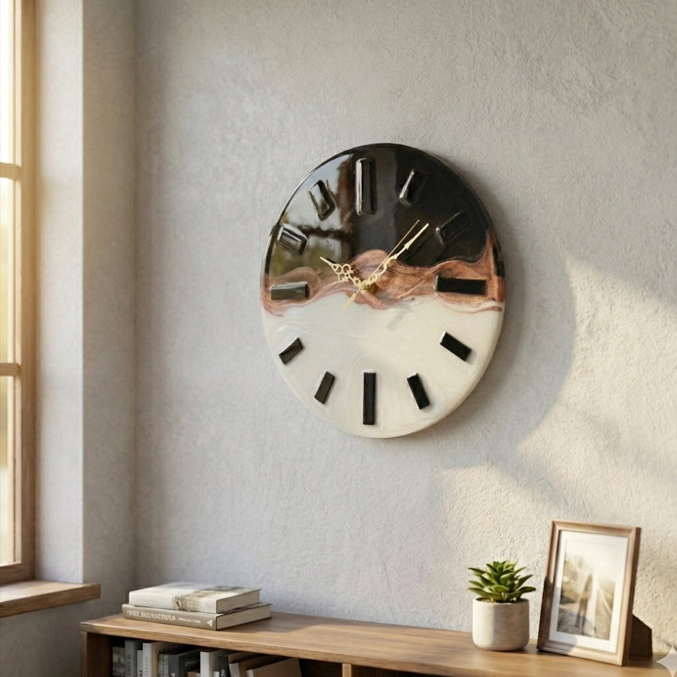 Decorative wall clock on a wall with a wooden shelf below