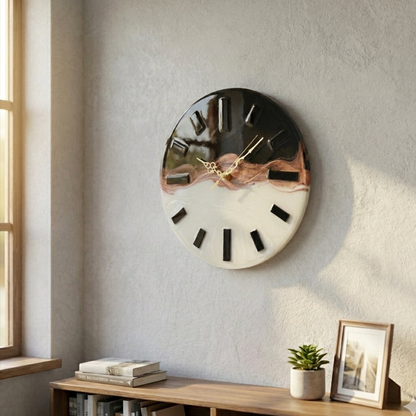 Decorative wall clock on a wall with a wooden shelf below