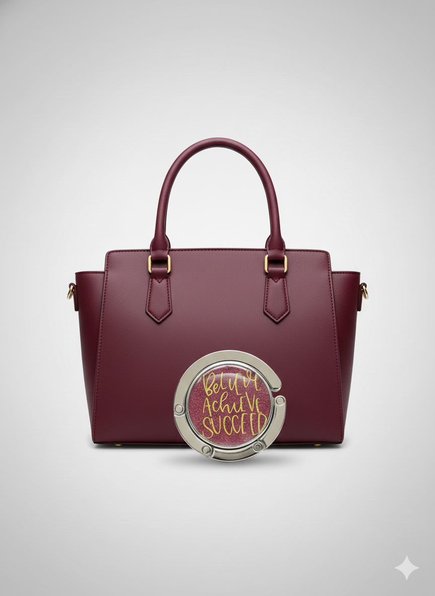 Maroon handbag with a circular emblem on a light gray background