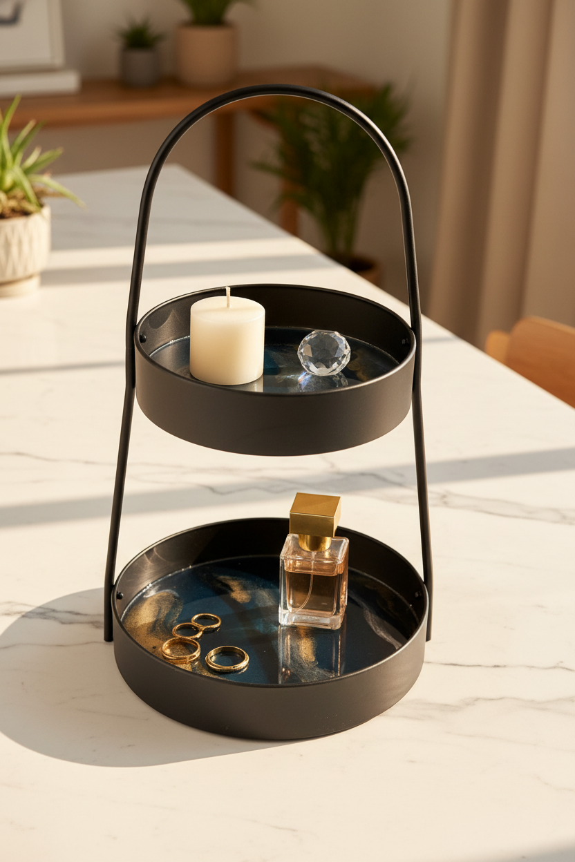 A two-tier round serving tray with a black metal frame and handle, featuring an emerald green and gold marbled resin finish, set on a table.