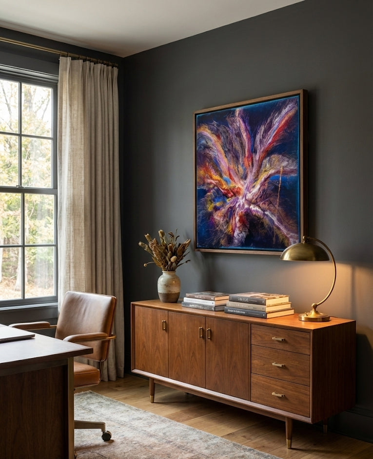 Modern office with wooden desk, chair, and sideboard against a dark wall with a colorful abstract painting.