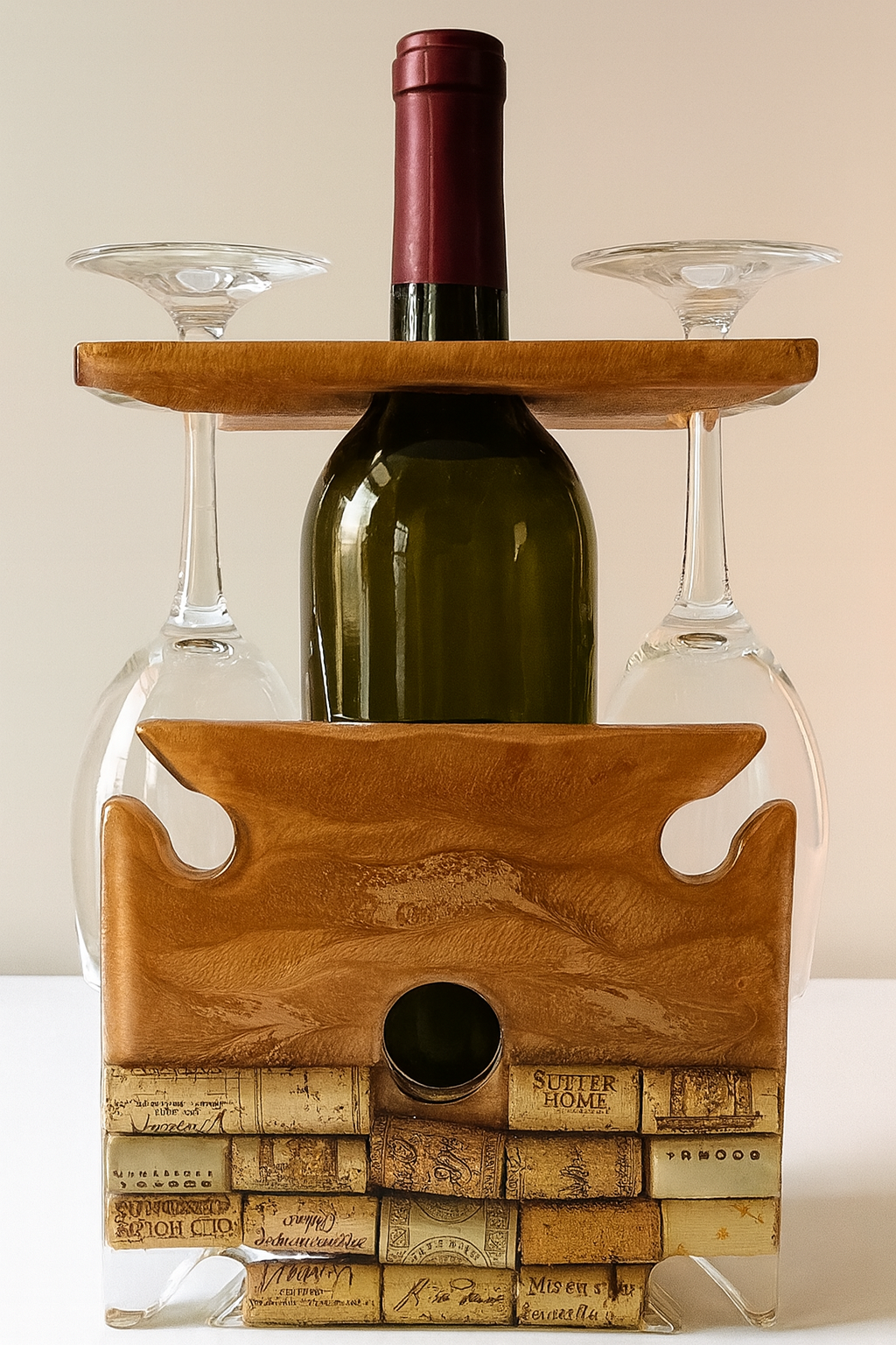 Wine bottle holder with wine cork design and wine bottle inside, against a neutral background