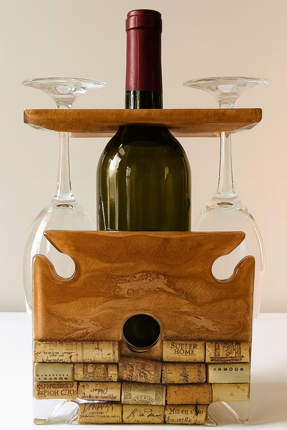 Wine bottle holder with wine cork design and wine bottle inside, against a neutral background