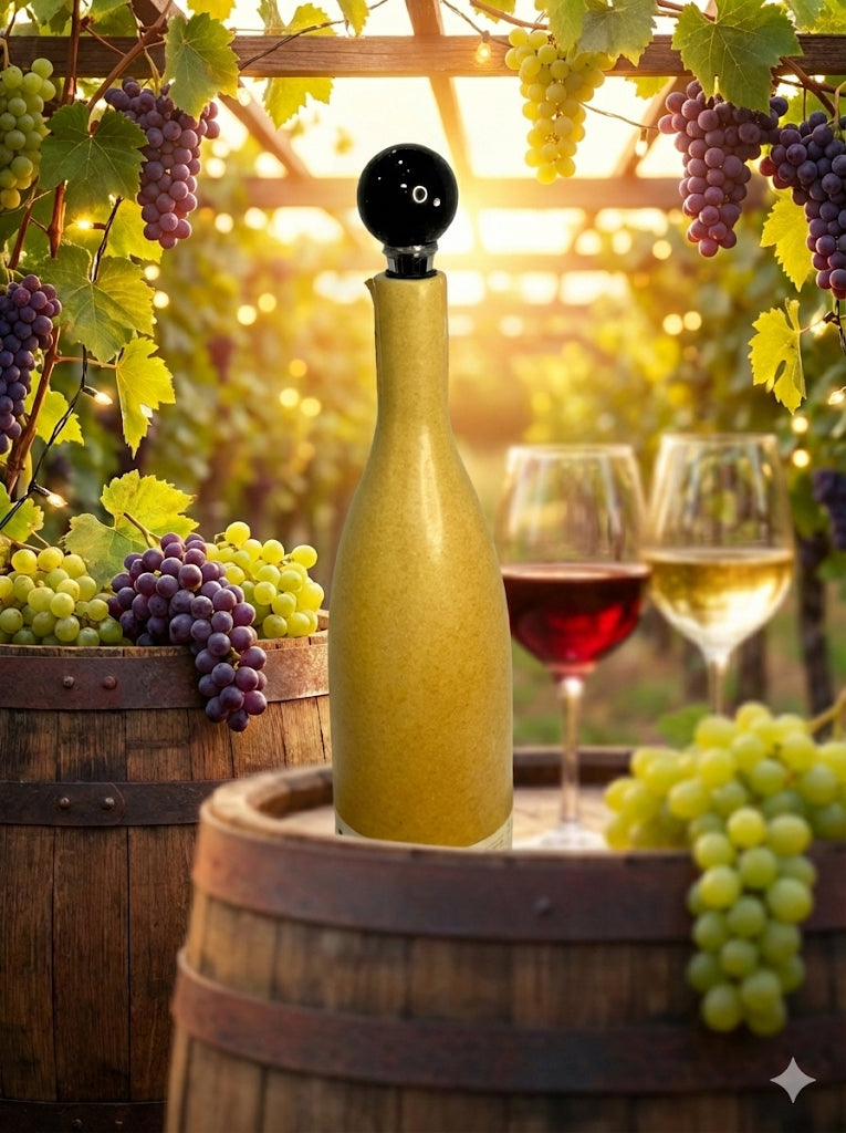 Wine bottle with grapes and wine glasses on barrels in a vineyard setting
