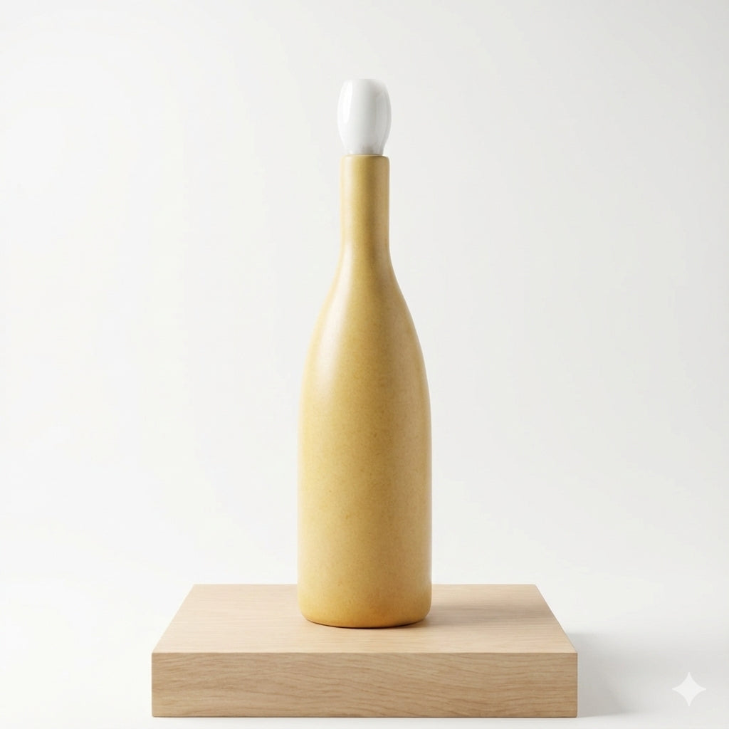 Yellow bottle-shaped object on a wooden stand against a white background