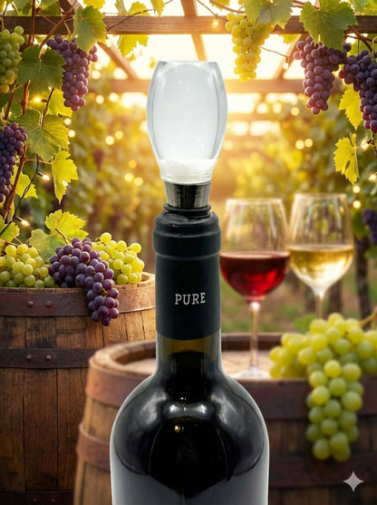 Bottle of wine with a 'PURE' wine aerator surrounded by grapes and wine glasses outdoors.
