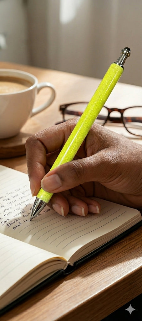 Hand holding a yellow pen over a notebook with a cup of coffee and glasses in the background.