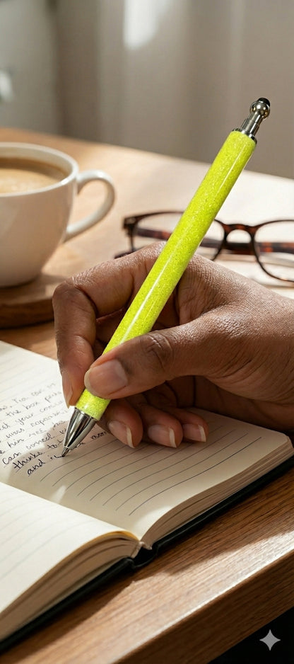 Hand holding a yellow pen over a notebook with a cup of coffee and glasses in the background.