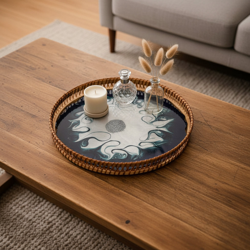 A round decorative tray with a woven natural wood rim and a dark blue-gray center featuring white and light blue marbled swirls, photographed from above on a white faux-fur surface.