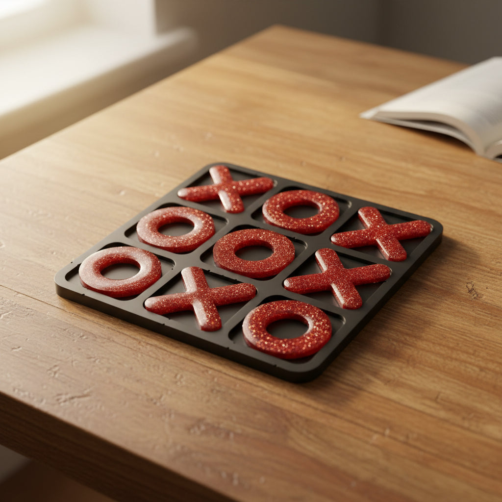 A square shaped nine raised compartments forming a tic-tac-toe grid, filled with glittery copper-brown X and O shapes, photographed on a table.